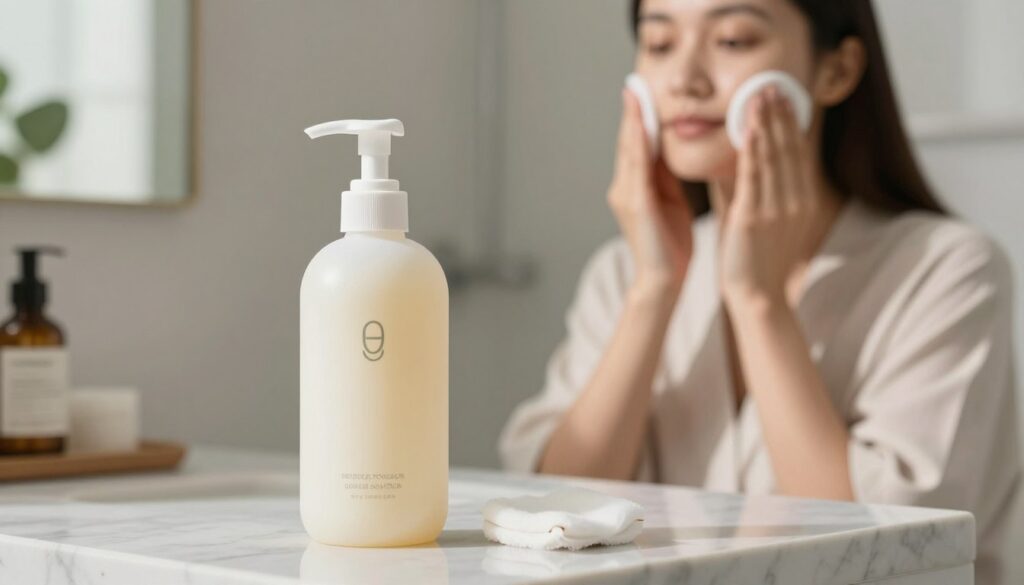 A serene bathroom setting featuring a beautifully arranged skincare display with a focus on a bottle of creamy facial cleansing milk. In the foreground, the bottle stands elegantly on a marble countertop, with soft natural light illuminating its smooth surface. A delicate cotton pad rests beside it, suggesting use in a gentle cleansing routine. In the middle ground, a model in professional attire demonstrates the cleansing technique, gently applying the milk to her face with a cotton pad, showcasing a calm expression. The background features a softly blurred mirror and subtle greenery, enhancing the peaceful atmosphere. The overall mood is soothing and inviting, emphasizing a meticulous yet gentle approach to makeup removal without harsh rubbing. A serene bathroom setting featuring a beautifully arranged skincare display with a focus on a bottle of creamy facial cleansing milk. In the foreground, the bottle stands elegantly on a marble countertop, with soft natural light illuminating its smooth surface. A delicate cotton pad rests beside it, suggesting use in a gentle cleansing routine. In the middle ground, a model in professional attire demonstrates the cleansing technique, gently applying the milk to her face with a cotton pad, showcasing a calm expression. The background features a softly blurred mirror and subtle greenery, enhancing the peaceful atmosphere. The overall mood is soothing and inviting, emphasizing a meticulous yet gentle approach to makeup removal without harsh rubbing.