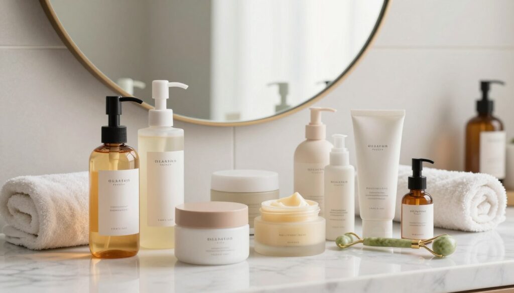 A serene bathroom setting featuring various Korean skincare products prominently displayed on a marble countertop. In the foreground, there are elegantly designed bottles of cleansing oils, balms, foams, and gels, with some slightly open to show their contents. The middle ground showcases a soft, fluffy towel and a delicate jade roller for skincare application. In the background, a large round mirror reflects soft, natural light from a nearby window, creating a calm atmosphere. The overall mood is fresh and inviting, emphasizing the importance of skincare rituals. The focus is on the textures and colors of the products, with a gentle, warm glow highlighting each item, captured from a slightly elevated angle for an elegant view.