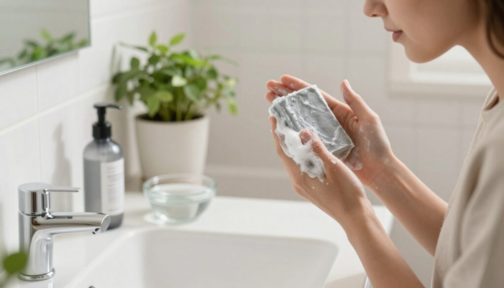 A serene bathroom setting illuminated by soft, natural light. In the foreground, a person dressed in modest casual attire gently applies silver-infused soap to their face, demonstrating the proper technique for skincare. The soap creates a luxurious lather, emphasizing the pampering experience. In the middle ground, there are well-organized skincare products on a sleek countertop, including the silver soap and a small bowl of warm water. The background showcases tasteful decor, such as potted plants and clean, minimalist tiles, creating a calm and inviting atmosphere. The angle highlights the person's facial expression, conveying relaxation and care, while the overall mood reflects a nurturing approach to personal hygiene and skincare.
