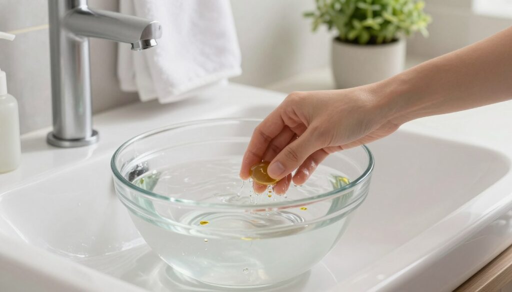 A serene bathroom setting with soft, natural lighting illuminating a sleek, modern sink area. In the foreground, a clear glass bowl holds warm water, with a few drops of oil floating on the surface. A hand gently reaches into the bowl, demonstrating the process of rinsing away castor oil from hair, showcasing careful movement that avoids friction. In the background, a stylish towel hangs on a rack and a potted plant adds a touch of greenery, creating a calming atmosphere. The overall mood is relaxing and rejuvenating, capturing the essence of a gentle hair care routine. The scene is designed to evoke a sense of freshness and cleanliness.