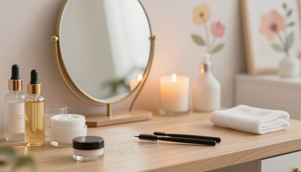 A serene beauty studio setup focused on eyebrow and skin preparation. In the foreground, a pair of well-groomed eyebrows is gracefully shaped, surrounded by natural skincare products like oils and creams in elegant glass containers. The middle shows a wooden table with soft lighting highlighting a mirror reflecting the gentle glow of a lit candle, creating a warm, inviting atmosphere. The background features soft, blurred out pastel-colored walls decorated with calming floral art, enhancing the peaceful mood. The scene is illuminated with soft, diffused lighting, mimicking natural daylight, and the composition is captured from a slightly elevated angle to emphasize the beauty products while maintaining an aesthetic balance. A serene beauty studio setup focused on eyebrow and skin preparation. In the foreground, a pair of well-groomed eyebrows is gracefully shaped, surrounded by natural skincare products like oils and creams in elegant glass containers. The middle shows a wooden table with soft lighting highlighting a mirror reflecting the gentle glow of a lit candle, creating a warm, inviting atmosphere. The background features soft, blurred out pastel-colored walls decorated with calming floral art, enhancing the peaceful mood. The scene is illuminated with soft, diffused lighting, mimicking natural daylight, and the composition is captured from a slightly elevated angle to emphasize the beauty products while maintaining an aesthetic balance.