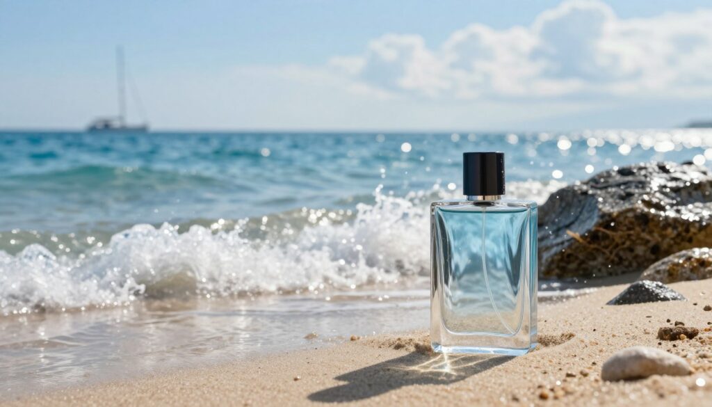 A serene coastal scene illustrating "ocean and aquatic scents," featuring vibrant blue waves gently crashing against a sandy shore. In the foreground, a clear glass bottle of men's summer fragrance, with a modern and minimalist design, reflects sunlight. The middle ground showcases glistening droplets of seawater on rocks, adding to the sense of freshness. The background includes a clear blue sky with soft, fluffy clouds and distant sailboats on the horizon. Use soft, natural lighting to enhance the tranquil atmosphere, evoking feelings of relaxation and allure. Capture this scene with a slight focus shift, emphasizing the fragrance bottle, while the ocean and sky softly blur, suggesting a refreshing and captivating summer experience. A serene coastal scene illustrating "ocean and aquatic scents," featuring vibrant blue waves gently crashing against a sandy shore. In the foreground, a clear glass bottle of men's summer fragrance, with a modern and minimalist design, reflects sunlight. The middle ground showcases glistening droplets of seawater on rocks, adding to the sense of freshness. The background includes a clear blue sky with soft, fluffy clouds and distant sailboats on the horizon. Use soft, natural lighting to enhance the tranquil atmosphere, evoking feelings of relaxation and allure. Capture this scene with a slight focus shift, emphasizing the fragrance bottle, while the ocean and sky softly blur, suggesting a refreshing and captivating summer experience.
