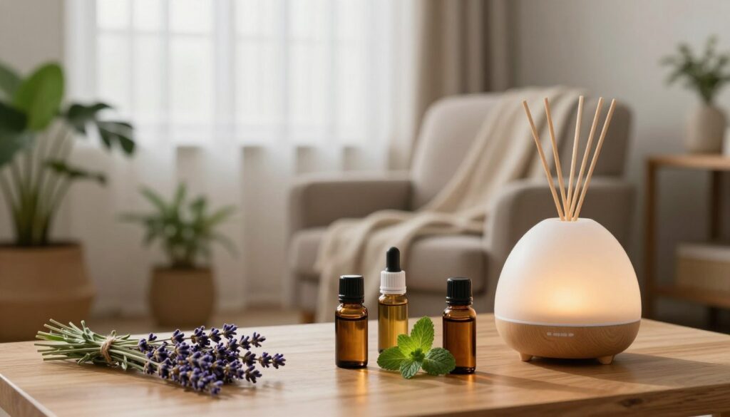 A serene home environment illustrating the use of essential oils for relaxation. In the foreground, a wooden table adorned with various bottles of essential oils, an essential oil diffuser, and fresh herbs like lavender and mint. Soft, diffused lighting creates a warm ambiance, enhancing the peaceful atmosphere. In the middle, a cozy space with an inviting armchair and a throw blanket, surrounded by potted plants that promote tranquility. The background features a softly lit window with sheer curtains, allowing natural light to filter through, adding to the calming effect. The overall mood is one of serenity and balance, emphasizing the importance of creating a relaxing home environment through the use of aromatic oils.