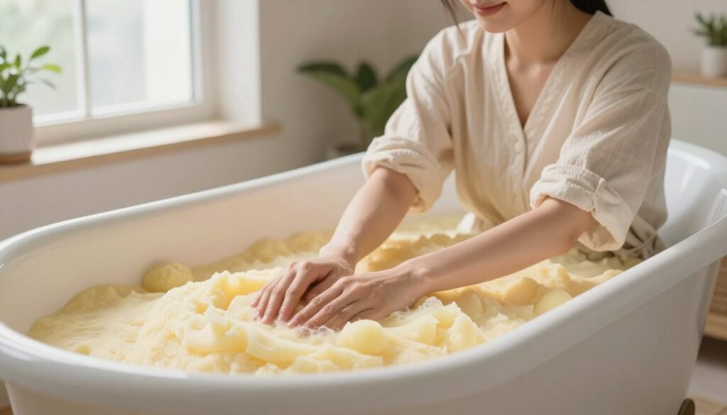 A serene image of a bright, inviting bathroom setting during a relaxing bath time. In the foreground, a vintage-style bathtub filled with silky, golden potato starch, creating a soft and inviting texture. The middle ground features a person clad in modest, casual clothing, gently soaking their hands and arms in the starch bath, with a peaceful expression, embodying calm and tranquility. In the background, soft natural light filters through a frosted window, casting gentle shadows and creating a warm, soothing atmosphere. The walls are adorned with soft pastels, and a few green plants add a touch of nature, enhancing the sense of relaxation and self-care. The overall mood is peaceful and comforting, perfect for a moment of indulgence.
