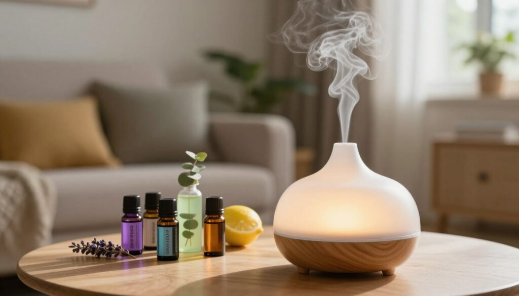A serene indoor setting featuring a beautifully designed essential oil diffuser in the foreground, releasing a gentle mist of aromatic vapor. The diffuser, made of sleek wood and glass, is illuminated by warm, soft lighting. In the middle, there are several vibrant essential oil bottles in various colors, including lavender, eucalyptus, and lemon, arranged aesthetically. The background shows a blurred cozy living space with soft cushions, plants, and a calm ambiance that enhances the relaxation theme. The scene is bathed in natural light from a nearby window, casting gentle shadows and creating a tranquil atmosphere, perfect for illustrating the soothing effects of aromatherapy through the nebulizer.