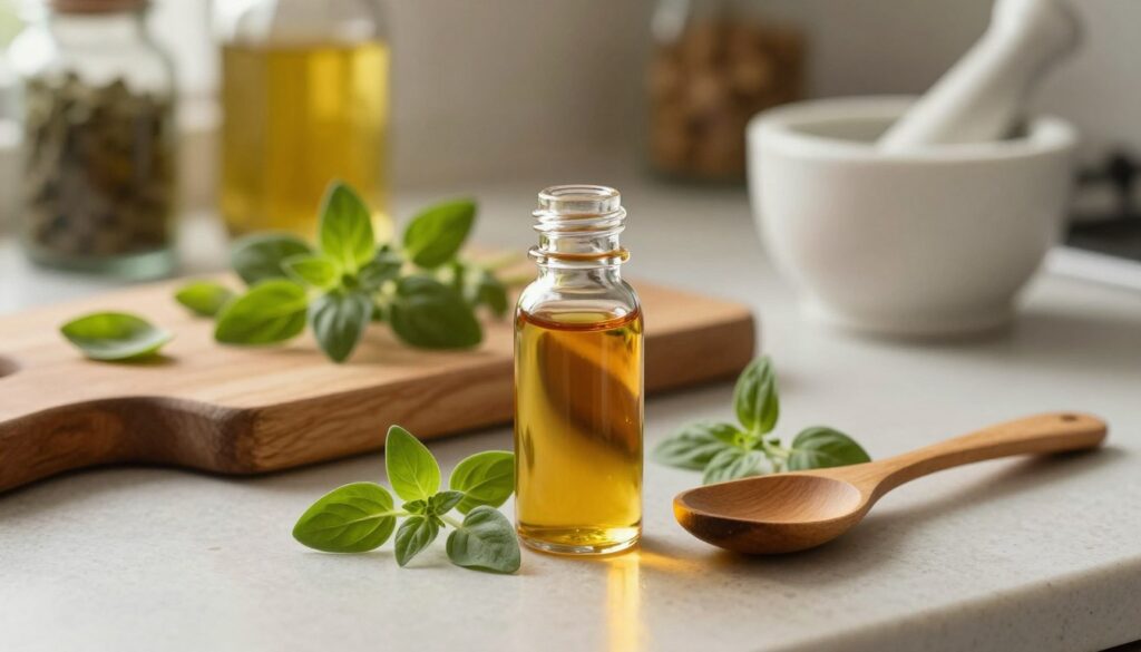 A serene kitchen countertop scene showcasing a small, elegant bottle of oregano oil, surrounded by fresh oregano leaves and a wooden spoon. In the foreground, the bottle is slightly tilted, with the rich amber liquid glistening under warm, soft overhead lighting, creating an inviting atmosphere. In the middle ground, a rustic wooden cutting board displays scattered oregano leaves and a mortar and pestle, hinting at the practical application of the oil. The background features softly blurred kitchen herbs and spices, adding a sense of homeliness. The overall mood is calm and inviting, perfect for demonstrating the careful and conscious use of oregano oil in everyday life. A serene kitchen countertop scene showcasing a small, elegant bottle of oregano oil, surrounded by fresh oregano leaves and a wooden spoon. In the foreground, the bottle is slightly tilted, with the rich amber liquid glistening under warm, soft overhead lighting, creating an inviting atmosphere. In the middle ground, a rustic wooden cutting board displays scattered oregano leaves and a mortar and pestle, hinting at the practical application of the oil. The background features softly blurred kitchen herbs and spices, adding a sense of homeliness. The overall mood is calm and inviting, perfect for demonstrating the careful and conscious use of oregano oil in everyday life.
