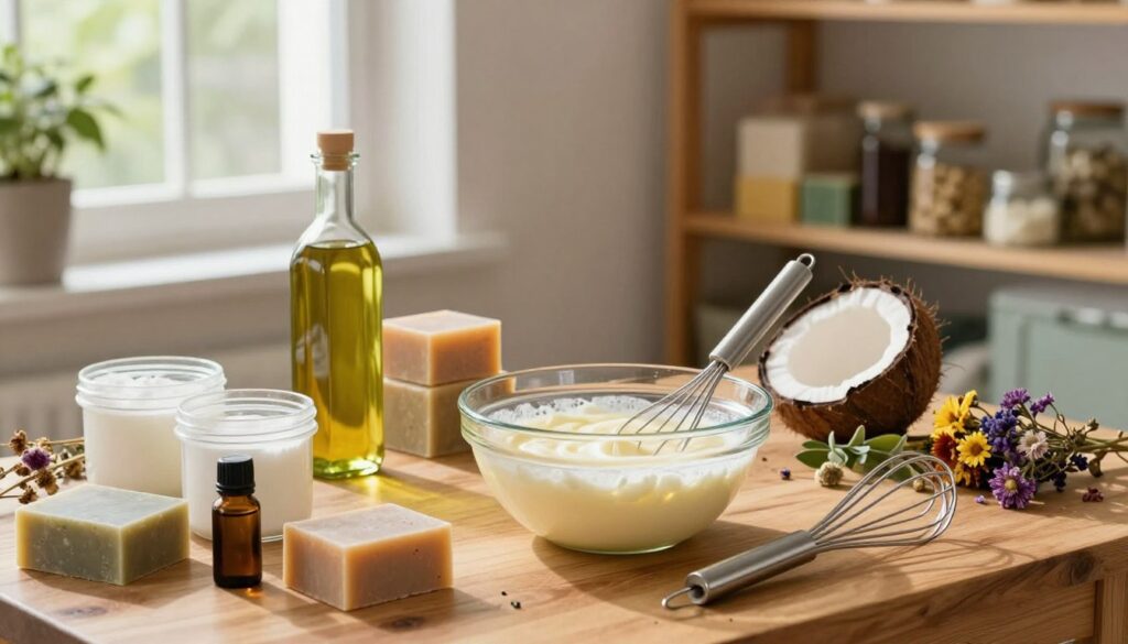 A serene kitchen setting with natural light streaming through a window, showcasing the process of cold process soap making. In the foreground, a wooden table is neatly organized with ingredient containers, including lye, olive oil, coconut oil, and essential oils. A glass bowl filled with a creamy mixture of melted oils and lye sits prominently, with a stainless steel whisk resting nearby. Surrounding the scene, vibrant herbs and dried flowers serve as natural additives. In the background, shelves filled with colorful soap bars and jars of ingredients provide a cozy atmosphere. The mood is warm and inviting, emphasizing a hands-on, creative experience in natural soap making.