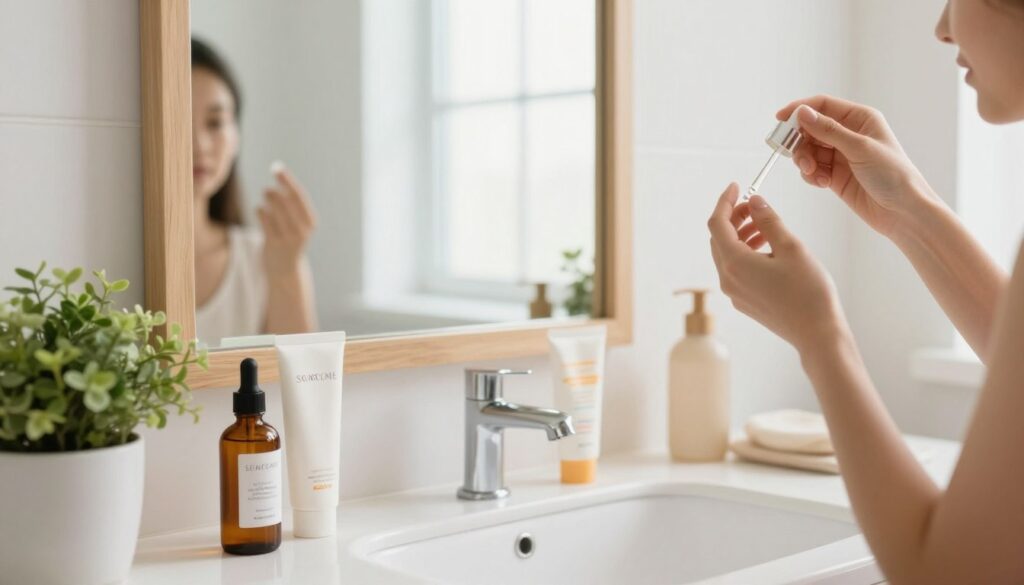 A serene morning skincare routine scene in a well-lit bathroom. In the foreground, a modern vanity is adorned with an array of skincare products, including hydrating serums and SPF creams, neatly organized. A gentle hand is applying a lightweight serum to the face in a graceful motion, showcasing the act of proper skincare application. In the middle, a large mirror reflects a soft, diffused natural light coming from a window, highlighting the fresh, glowing skin. Light wood accents and greenery from a small potted plant add a touch of warmth and vibrancy to the space. The mood evokes tranquility and care, ideal for a refreshing daytime skincare regimen. The image captures the essence of self-care and protection, emphasizing the importance of each step in a daily skincare routine. A serene morning skincare routine scene in a well-lit bathroom. In the foreground, a modern vanity is adorned with an array of skincare products, including hydrating serums and SPF creams, neatly organized. A gentle hand is applying a lightweight serum to the face in a graceful motion, showcasing the act of proper skincare application. In the middle, a large mirror reflects a soft, diffused natural light coming from a window, highlighting the fresh, glowing skin. Light wood accents and greenery from a small potted plant add a touch of warmth and vibrancy to the space. The mood evokes tranquility and care, ideal for a refreshing daytime skincare regimen. The image captures the essence of self-care and protection, emphasizing the importance of each step in a daily skincare routine.
