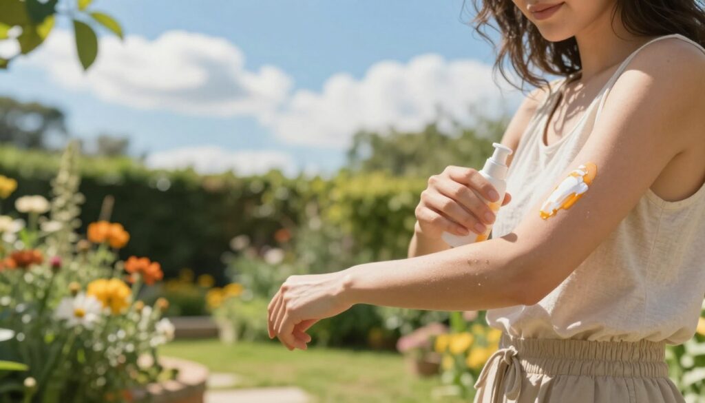A serene outdoor scene showcasing a sunlit environment highlighting the effects of sun exposure on skin. In the foreground, a woman is applying sunscreen to her arms, dressed in modest casual clothing. The middle ground features a sunlit garden with vibrant flora, emphasizing a sense of warmth and brightness. The background presents a clear blue sky with soft, fluffy clouds, casting dappled sunlight on the scene. The lighting is bright and natural, creating a cheerful and inviting atmosphere. The composition is captured from a slightly elevated angle, focusing on the subject while also incorporating the beauty of the surrounding nature, illustrating the impacts of sunlight on skin health.