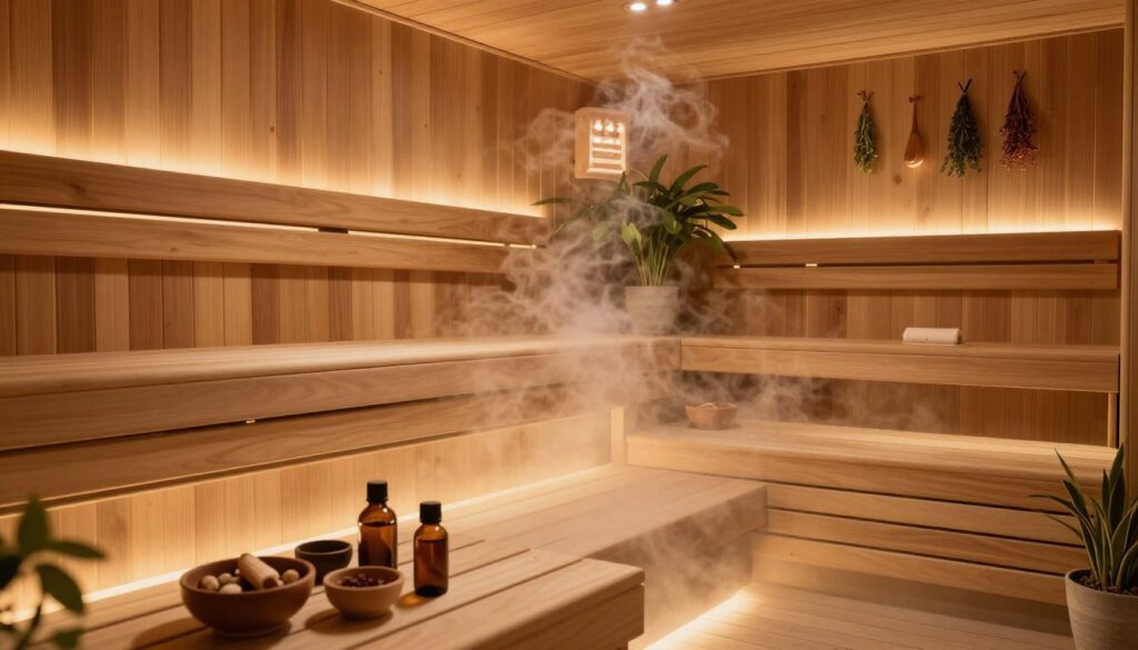 A serene scene depicting a modern sauna environment, featuring a dry sauna, steam room, and infrared sauna, each showcasing elegant wooden interiors. In the foreground, there are small bowls containing various essential oils, beautifully arranged. The middle ground displays softly glowing steam rising from the steam room, with gentle ambient lighting illuminating the unique textures of the wood paneling. The background features calming elements like a potted plant and aromatic herbs hanging from the ceiling. The light is warm and inviting, creating a tranquil atmosphere, ideal for relaxation. The composition is shot from a slightly elevated angle, inviting the viewer to immerse themselves in this aromatic sauna experience, emphasizing wellness and serenity.