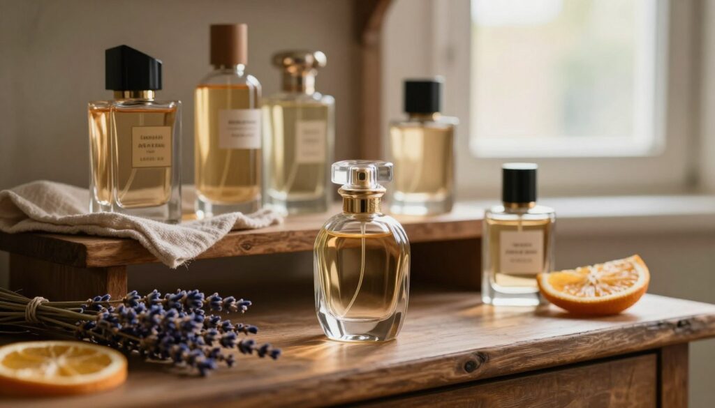 A serene scene showcasing elegant perfume bottles meticulously arranged on a rustic wooden shelf, emphasizing the theme of proper storage. In the foreground, focus on a glass bottle with intricate design, reflecting soft light, surrounded by subtle hints of fragrant ingredients like dried lavender and citrus peels. The middle layer features additional vintage-style bottles and a delicate fabric cloth, hinting at luxury while remaining inviting. In the background, a softly illuminated window allows warm, natural light to filter in, casting gentle shadows and creating a calm atmosphere. The overall mood conveys a sense of tranquility and sophistication, ideal for showcasing how to maintain the quality of perfume compositions over time.