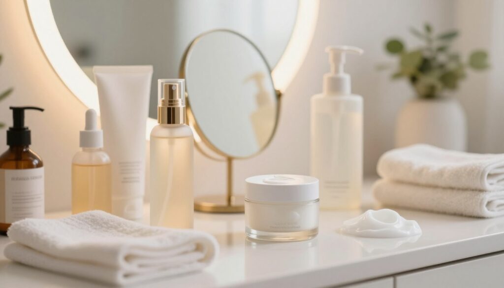 A serene skincare scene featuring a close-up of a well-lit vanity table displaying a variety of skincare products. The foreground showcases elegant bottles of moisturizer, soothing creams, and gentle cleansers arranged artfully alongside soft washcloths. In the middle, a small mirror reflects a peaceful ambiance, with warm lighting creating an inviting atmosphere. The background hints at a tranquil bathroom setting with subtle plants and soft towels, enhancing a sense of calm and self-care. The overall mood should evoke relaxation and mindfulness, highlighting the importance of nurturing the skin. The scene has a soft focus lens effect to bring a gentle touch to the image, ensuring a clean and professional aesthetic.