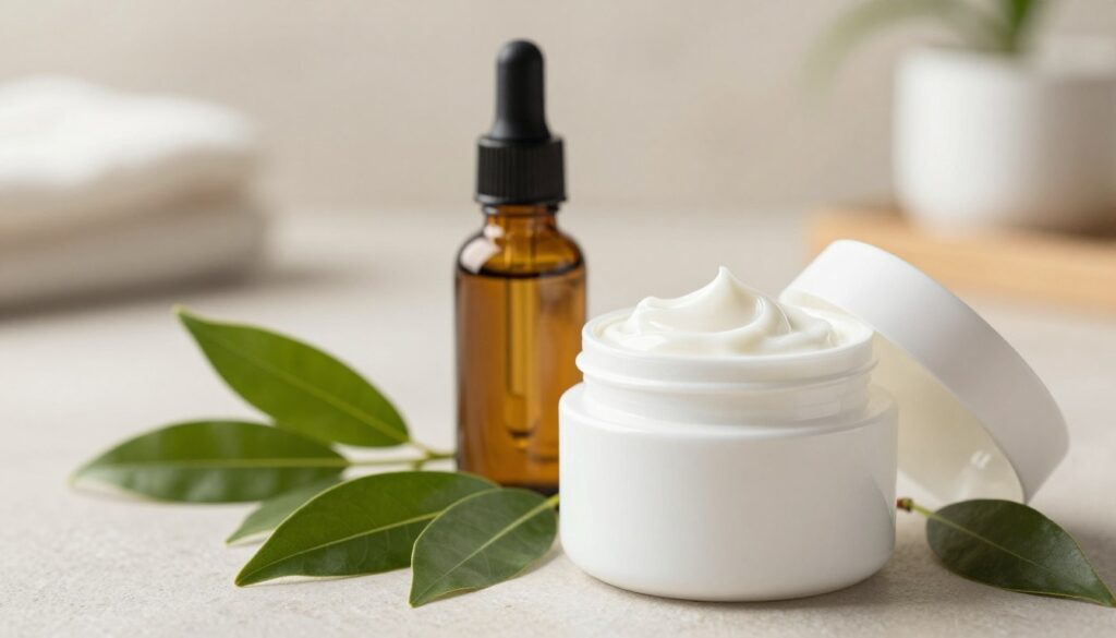 A soothing and inviting image of a luxurious cream made from Melaleuca alternifolia (tea tree) oil. In the foreground, a pristine white jar of cream sits open, revealing its rich, creamy texture. Surrounding the jar are fresh tea tree leaves, their vibrant green contrasting against the smooth white jar. In the middle ground, a small glass dropper bottle of tea tree oil is positioned next to the cream, emphasizing its natural ingredients. The background features soft, blurred textures of a bathroom setting with warm, natural light filtering through, creating a calming and peaceful atmosphere. The scene conveys a sense of daily skincare ritual, showcasing the benefits of tea tree oil in enhancing skin health and wellness.