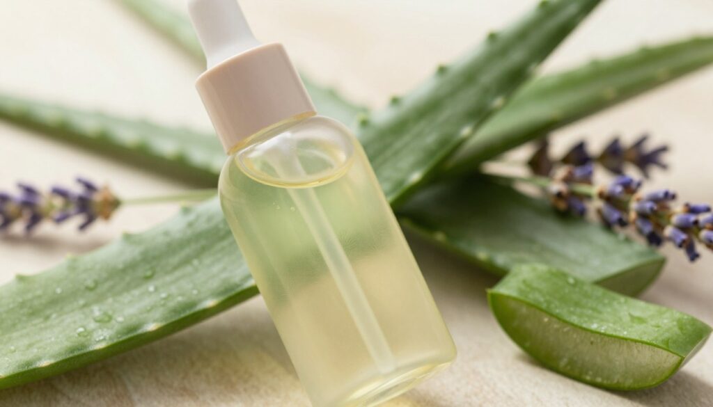 A soothing bottle of post-shaving oil sits prominently in the foreground, showcasing its elegant design with subtle reflections catching soft, natural light. The bottle is set against a softly blurred background, featuring fresh green aloe vera leaves and delicate lavender stems, emphasizing the calming properties of the oil. Gentle sunlight filters through, casting a warm glow, enhancing the tranquil mood of the scene. The composition invites a sense of relief and comfort, perfect for illustrating a product designed to soothe skin irritation after shaving. The angle is slightly tilted to give a dynamic perspective, while the overall tone is serene and inviting, highlighting the importance of proper skincare after shaving.