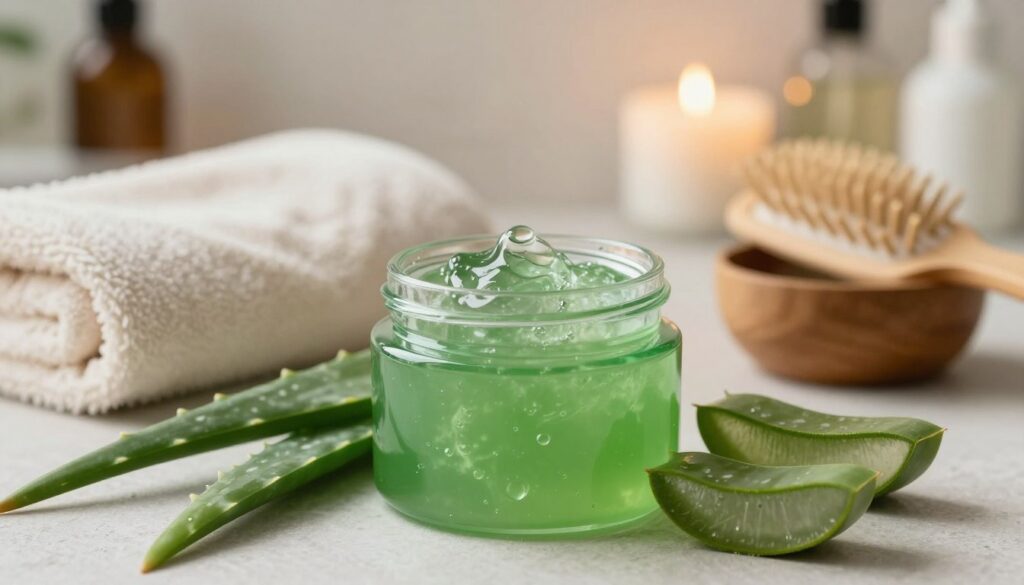 A soothing scene featuring a jar of aloe vera gel specifically for hair care, placed prominently in the foreground. The jar is elegantly designed, with a translucent lid showcasing the gel's lush, green color and gelatinous texture. Surrounding the jar are fresh aloe vera leaves, cut open to reveal their inner gel, enhancing the natural essence of hair treatment. In the middle ground, there are soft towels and a small wooden bowl with a hairbrush, set against a softly blurred bathroom background with warm, ambient lighting, creating an inviting atmosphere. The image conveys a sense of relaxation and natural beauty care, perfect for illustrating the benefits of using aloe vera gel as a hydrating base layer for oiling hair.