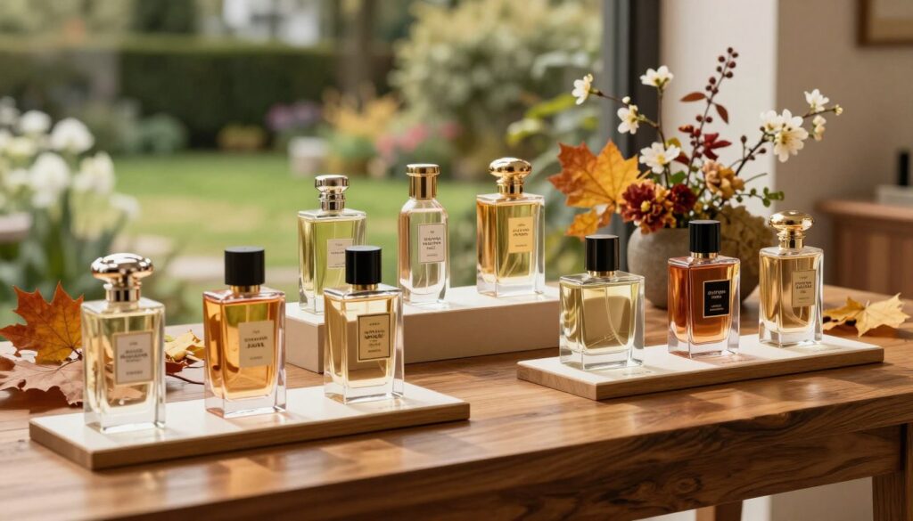 A sophisticated display of Jaguar perfumes arranged elegantly on a polished wooden table. In the foreground, a selection of beautifully designed fragrance bottles are artistically placed, showcasing their luxurious labels and shapes. The middle section features a subtle backdrop of seasonal elements, such as autumn leaves and spring flowers, symbolizing the changing occasions and times of year. Soft, natural lighting illuminates the scene, creating a warm and inviting atmosphere. A blurred outdoor garden can be seen in the background, adding depth and serenity to the composition. The mood conveys a sense of refinement and choice, evoking the idea of selecting the perfect fragrance for any occasion.