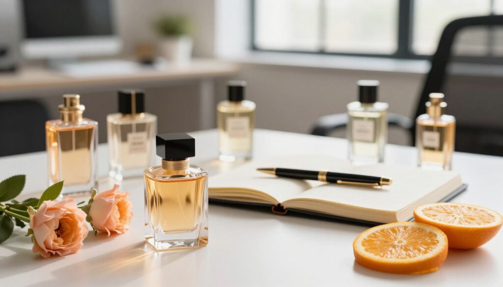 A sophisticated flat lay arrangement of elegant perfume bottles showcasing various fragrance notes, such as floral, citrus, and musky elements. In the foreground, a beautiful glass bottle with intricate detailing is placed next to fresh flowers and sliced citrus fruits, representing the scent notes. The middle ground features an open notebook and a luxurious pen, symbolizing the thoughtful process of selecting a fragrance. The background is softly blurred, featuring a chic and modern office setting with natural light streaming through a window, creating a warm and inviting atmosphere. The image conveys a sense of refinement and consideration, ideal for highlighting the art of matching scents to occasions like day, office, and evening. A sophisticated flat lay arrangement of elegant perfume bottles showcasing various fragrance notes, such as floral, citrus, and musky elements. In the foreground, a beautiful glass bottle with intricate detailing is placed next to fresh flowers and sliced citrus fruits, representing the scent notes. The middle ground features an open notebook and a luxurious pen, symbolizing the thoughtful process of selecting a fragrance. The background is softly blurred, featuring a chic and modern office setting with natural light streaming through a window, creating a warm and inviting atmosphere. The image conveys a sense of refinement and consideration, ideal for highlighting the art of matching scents to occasions like day, office, and evening.