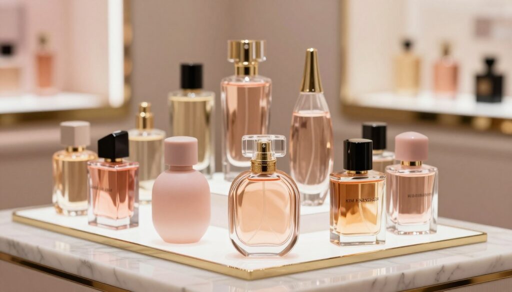 A stylish arrangement of various perfume bottles in different sizes, prominently featuring Kim Kardashian's signature fragrances. In the foreground, showcase a sleek, elegant flacon with a shimmering gold accent, surrounded by smaller bottles in pastel shades. The middle ground should include several more perfume bottles in varying shapes and heights, artistically displayed on a polished marble surface. In the background, a soft-focus display of a luxury retail environment with delicate lighting that highlights the fragrances' glass designs. The atmosphere should evoke a sense of sophistication and allure, suitable for a beauty article, with warm, inviting colors and subtle reflections. Use a shallow depth of field to emphasize the foreground, creating a dreamy, refined aesthetic.