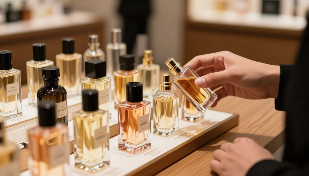 A stylish display of premium perfume samples elegantly arranged on a wooden table, showcasing a variety of beautifully designed bottles with labels indicating their unique fragrances. The foreground features a close-up view of a few exquisite glass bottles, reflecting light to highlight their unique shapes and colors. In the middle, a soft-focus image of a hand gently holding a perfume bottle, suggesting a moment of consideration before purchase. The background is softly blurred, hinting at a chic boutique setting with warm lighting, conveying a sense of luxury and exclusivity. The mood is inviting and sophisticated, evoking a sense of exploration and discovery in the world of original perfumes. The angle is slightly above eye level, encouraging the viewer to engage with the image intimately.