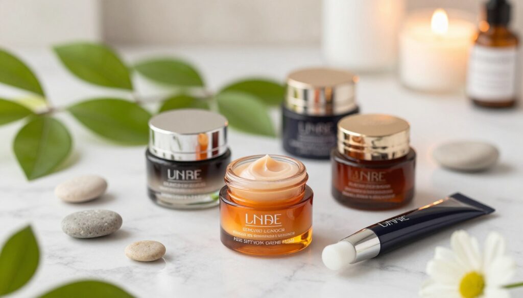A stylish flat lay of top-rated eye creams for wrinkles and dark circles, arranged elegantly on a marble surface. In the foreground, several luxurious jars and tubes of eye creams, showcasing rich textures and sophisticated packaging, with a focus on vibrant, eye-catching colors. The middle ground features delicate green leaves and soft, natural elements like pebbles and small flowers, creating a serene and inviting atmosphere. The background includes a subtle hint of soft-focus light, reminiscent of a well-lit skincare boutique, enhancing the mood of luxury and self-care. Emphasize soft, natural lighting to create an uplifting and warm ambiance, inviting readers to explore the product selection. A stylish flat lay of top-rated eye creams for wrinkles and dark circles, arranged elegantly on a marble surface. In the foreground, several luxurious jars and tubes of eye creams, showcasing rich textures and sophisticated packaging, with a focus on vibrant, eye-catching colors. The middle ground features delicate green leaves and soft, natural elements like pebbles and small flowers, creating a serene and inviting atmosphere. The background includes a subtle hint of soft-focus light, reminiscent of a well-lit skincare boutique, enhancing the mood of luxury and self-care. Emphasize soft, natural lighting to create an uplifting and warm ambiance, inviting readers to explore the product selection.
