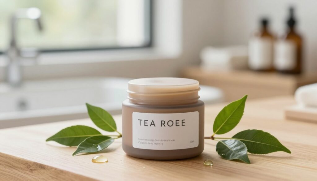 A stylish jar of tea tree oil cream, prominently displayed in the foreground on a soft, natural wood surface. The jar has a sleek, modern design with earthy tones and a minimalist label, emphasizing the natural essence of its ingredients. Surrounding the jar are fresh tea tree leaves and small drops of the oil, adding vibrant green accents. In the middle ground, a gently blurred background reveals a serene bathroom setting with natural light coming through a window, creating a calming and fresh atmosphere. The scene is warmly lit, evoking a sense of tranquility and self-care. Capture this image from a slightly elevated angle to highlight the jar and its surroundings, enhancing the feeling of wellness and skincare.
