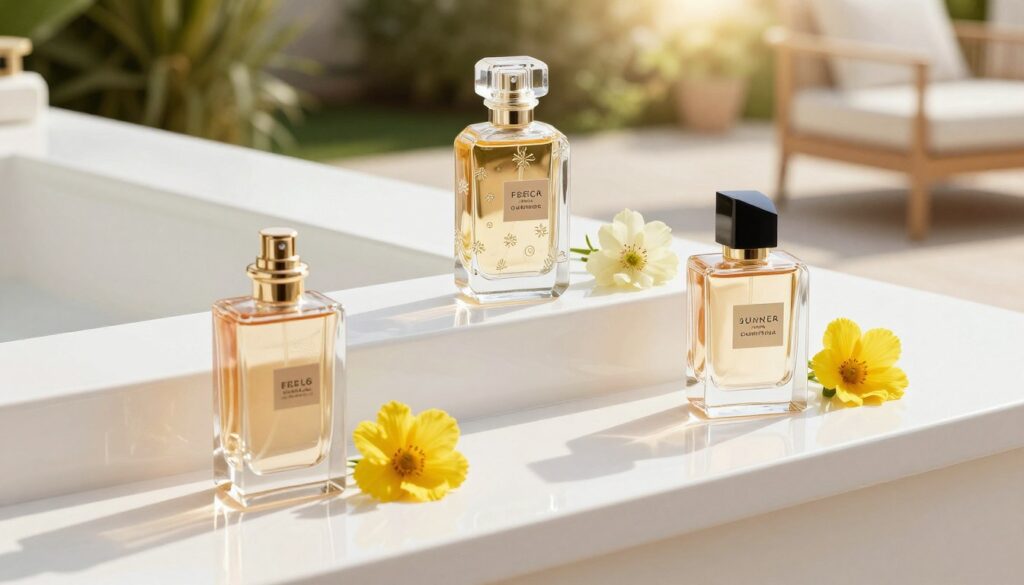 A stylish summer fragrance set displayed elegantly on a sleek, glossy white countertop. In the foreground, three luxurious glass perfume bottles of varying sizes are arranged artistically, each showcasing a unique design with floral and geometric patterns. The middle layer features soft, bright summer flowers delicately scattered near the bottles, emphasizing freshness and vibrancy. In the background, a blurred outdoor terrace with hints of greenery and sunlight filtering through creates a warm and inviting atmosphere, suggesting an outdoor summer event. The lighting is bright and soft, enhancing the luxurious colors of the perfume bottles, and the image is captured from a slightly elevated angle to provide depth. The overall mood conveys elegance, sophistication, and a vibrant summer lifestyle. A stylish summer fragrance set displayed elegantly on a sleek, glossy white countertop. In the foreground, three luxurious glass perfume bottles of varying sizes are arranged artistically, each showcasing a unique design with floral and geometric patterns. The middle layer features soft, bright summer flowers delicately scattered near the bottles, emphasizing freshness and vibrancy. In the background, a blurred outdoor terrace with hints of greenery and sunlight filtering through creates a warm and inviting atmosphere, suggesting an outdoor summer event. The lighting is bright and soft, enhancing the luxurious colors of the perfume bottles, and the image is captured from a slightly elevated angle to provide depth. The overall mood conveys elegance, sophistication, and a vibrant summer lifestyle.