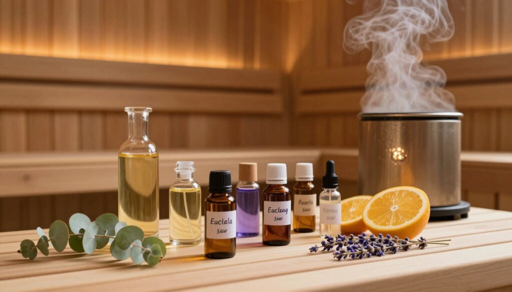 A tranquil sauna scene featuring a selection of essential oils used for aromatherapy. In the foreground, display elegant glass bottles with varying shapes and colors, containing natural essential oils, each labeled with soothing scents like eucalyptus, lavender, and citrus. The middle ground reveals a warm wooden sauna interior, with soft, ambient lighting illuminating the space. In the background, inviting steam rises gently from a traditional sauna heater, creating a cozy atmosphere. The scene should have a calming mood, evoking relaxation and wellness, with a focus on the beauty and diversity of sauna scents. The camera angle is slightly elevated, allowing for a clear view of the essential oils and the serene sauna environment, capturing the essence of aromatherapy.