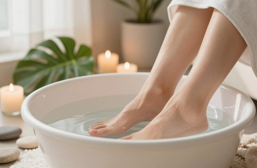 A tranquil scene depicting a pair of feet gently soaking in a warm foot bath. The foreground features a simple, elegant basin filled with clear, warm water, surrounded by smooth stones and soft towel textures, hinting at comfort and relaxation. In the middle ground, large green leaves and calming candles are tastefully arranged, enhancing the serene atmosphere. The background reveals a softly lit bathroom setting, with natural light filtering through a sheer window, casting delicate shadows. The overall mood is soothing and inviting, suggesting a perfect environment for relieving tired feet. Emphasize a warm color palette of soft whites and earthy tones to create a feeling of warmth and tranquility.