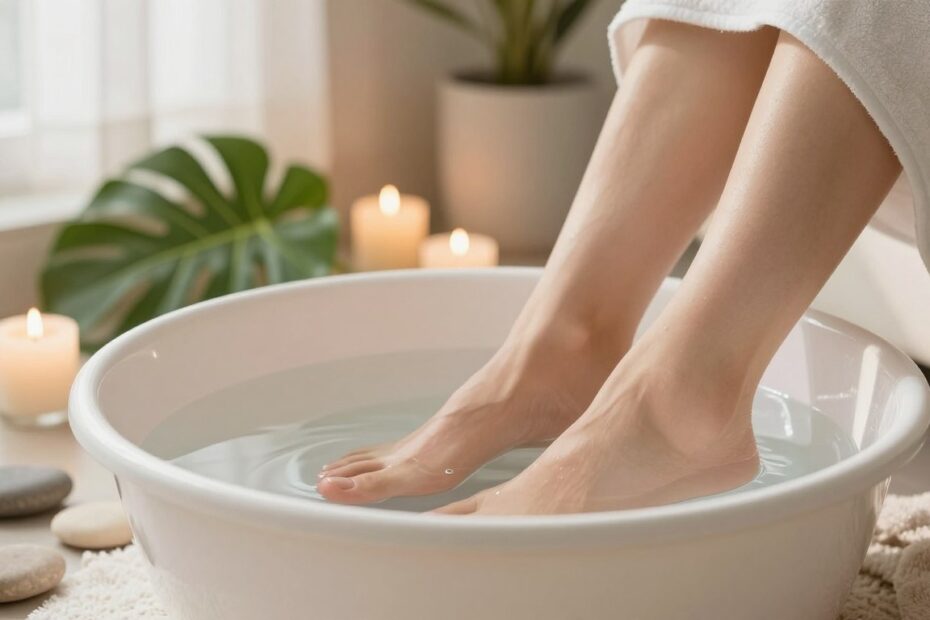 A tranquil scene depicting a pair of feet gently soaking in a warm foot bath. The foreground features a simple, elegant basin filled with clear, warm water, surrounded by smooth stones and soft towel textures, hinting at comfort and relaxation. In the middle ground, large green leaves and calming candles are tastefully arranged, enhancing the serene atmosphere. The background reveals a softly lit bathroom setting, with natural light filtering through a sheer window, casting delicate shadows. The overall mood is soothing and inviting, suggesting a perfect environment for relieving tired feet. Emphasize a warm color palette of soft whites and earthy tones to create a feeling of warmth and tranquility.