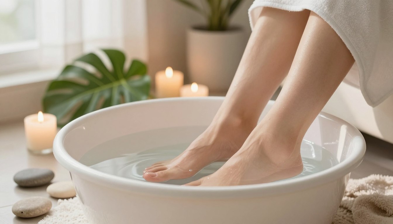 A tranquil scene depicting a pair of feet gently soaking in a warm foot bath. The foreground features a simple, elegant basin filled with clear, warm water, surrounded by smooth stones and soft towel textures, hinting at comfort and relaxation. In the middle ground, large green leaves and calming candles are tastefully arranged, enhancing the serene atmosphere. The background reveals a softly lit bathroom setting, with natural light filtering through a sheer window, casting delicate shadows. The overall mood is soothing and inviting, suggesting a perfect environment for relieving tired feet. Emphasize a warm color palette of soft whites and earthy tones to create a feeling of warmth and tranquility.