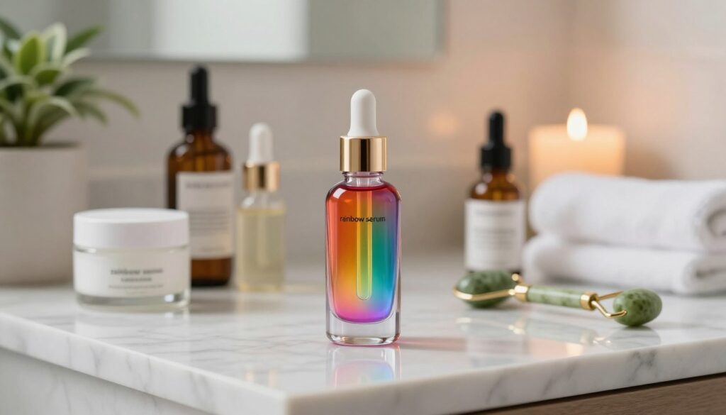 A vibrant, aesthetically pleasing display of a "rainbow serum" bottle, sitting elegantly on a polished marble countertop. The serum, in an exquisite, multi-colored glass bottle, glistens in soft natural lighting, reflecting hues of red, orange, yellow, green, blue, and violet. Surrounding the serum are various skincare products like moisturizer, toner, and a jade roller, all arranged artistically to illustrate possible combinations. In the background, a serene bathroom setting with subtle plants, soft towels, and glowing candles adds to the tranquil atmosphere. Use a shallow depth of field to focus on the serum while softly blurring the background, giving a warm, inviting feel to the overall image.