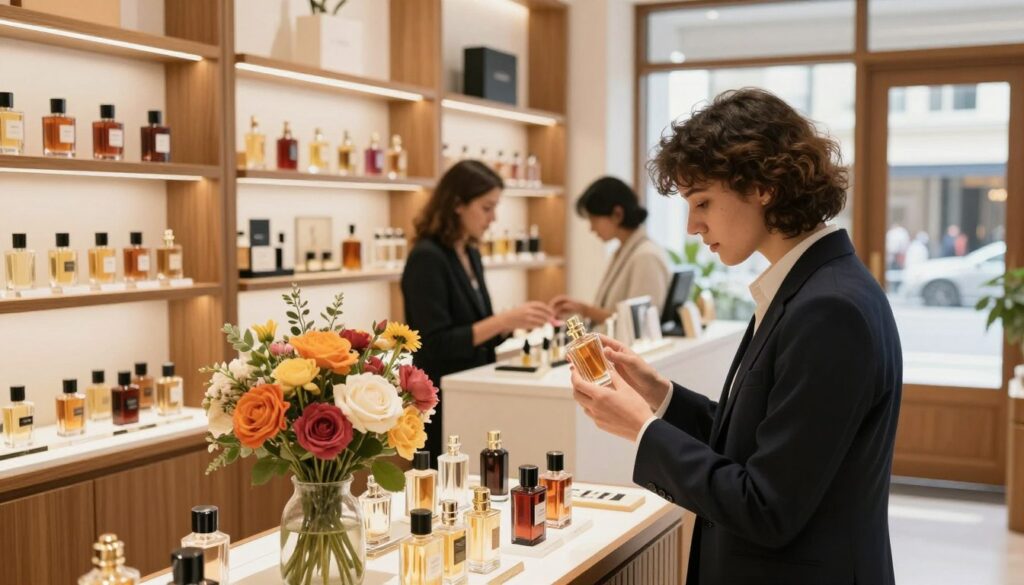 A vibrant and inviting perfume store interior showcasing various fragrance bottles on elegant wooden shelves, with a warm, soft light creating a cozy atmosphere. In the foreground, a well-dressed person in professional attire examines a beautifully designed perfume bottle with intrigue, surrounded by colorful floral displays and subtle decor, enhancing the luxury feel. The middle ground features a stylish counter where a knowledgeable salesperson assists another customer, highlighting the personal touch of shopping for fragrances. In the background, large windows let in natural light, revealing a glimpse of a bustling street outside, adding life and context to the scene. The overall mood is elegant and refined, encouraging the viewer to explore and discover the perfect fragrance.