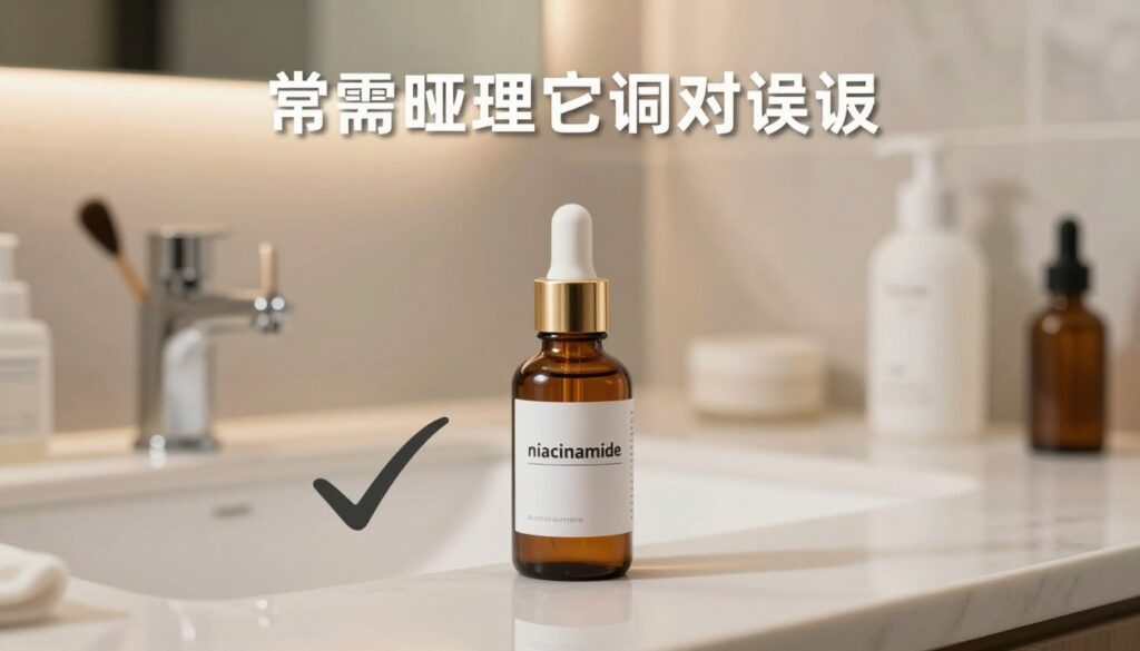 A visually engaging composition that illustrates common mistakes when using niacinamide in skincare, focusing on practical tips for avoidance. In the foreground, feature an elegantly designed skincare product with a label clearly indicating "niacinamide." Surround the product with visual representations of mistakes: a bent double-check mark next to an incorrect application method, such as layering with incompatible ingredients. In the middle ground, show a clean, organized bathroom counter with various skincare tools like applicators and bottles. The background should depict a soft, neutral-toned bathroom with warm ambient lighting creating a calming atmosphere. Emphasize clarity and cleanliness to evoke a sense of effective skincare practice, with an overall mood of professionalism and educational insight. A visually engaging composition that illustrates common mistakes when using niacinamide in skincare, focusing on practical tips for avoidance. In the foreground, feature an elegantly designed skincare product with a label clearly indicating "niacinamide." Surround the product with visual representations of mistakes: a bent double-check mark next to an incorrect application method, such as layering with incompatible ingredients. In the middle ground, show a clean, organized bathroom counter with various skincare tools like applicators and bottles. The background should depict a soft, neutral-toned bathroom with warm ambient lighting creating a calming atmosphere. Emphasize clarity and cleanliness to evoke a sense of effective skincare practice, with an overall mood of professionalism and educational insight.
