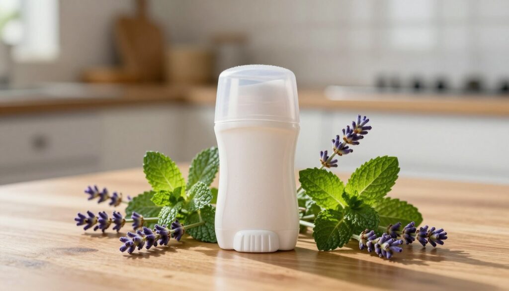 A visually engaging image of a deodorant bottle surrounded by aromatic herbs and flowers, placed on a polished wooden surface to suggest natural ingredients. In the foreground, the deodorant bottle, elegantly designed, reflecting soft light, with a slight condensation effect, emphasizing freshness. In the middle ground, vibrant green leaves of mint and lavender sprigs, indicating soothing scents, gently arranged around the bottle. The background features a warm, blurred kitchen setting, hinting at a comfortable home environment. Soft, natural daylight filters through a nearby window, casting gentle shadows and creating an inviting atmosphere. The overall mood is refreshing and serene, highlighting the essence of deodorant functioning and its natural properties.