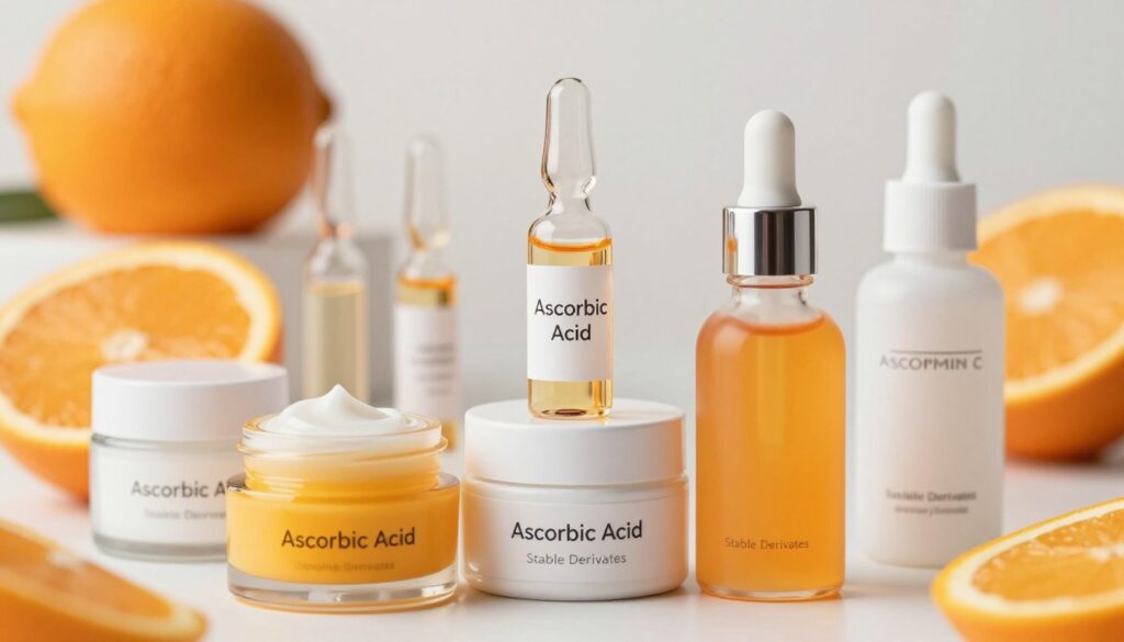 A visually striking image illustrating forms of ascorbic acid in skincare formulations. In the foreground, several jars and bottles of skincare products displaying different textures and colors, including creams, serums, and oils, showcasing vibrant hues of orange and white, symbolizing vitamin C. In the middle ground, delicate glass vials labeled with "Ascorbic Acid" and "Stable Derivatives," presented with a soft-focus to draw attention to them. The background features an abstract representation of natural ingredients like citrus fruits, hinting at their connection to vitamin C. The lighting is bright and inviting, casting soft, warm highlights to evoke a sense of freshness and vitality. The atmosphere is clean and professional, fitting for a skincare context. A visually striking image illustrating forms of ascorbic acid in skincare formulations. In the foreground, several jars and bottles of skincare products displaying different textures and colors, including creams, serums, and oils, showcasing vibrant hues of orange and white, symbolizing vitamin C. In the middle ground, delicate glass vials labeled with "Ascorbic Acid" and "Stable Derivatives," presented with a soft-focus to draw attention to them. The background features an abstract representation of natural ingredients like citrus fruits, hinting at their connection to vitamin C. The lighting is bright and inviting, casting soft, warm highlights to evoke a sense of freshness and vitality. The atmosphere is clean and professional, fitting for a skincare context.