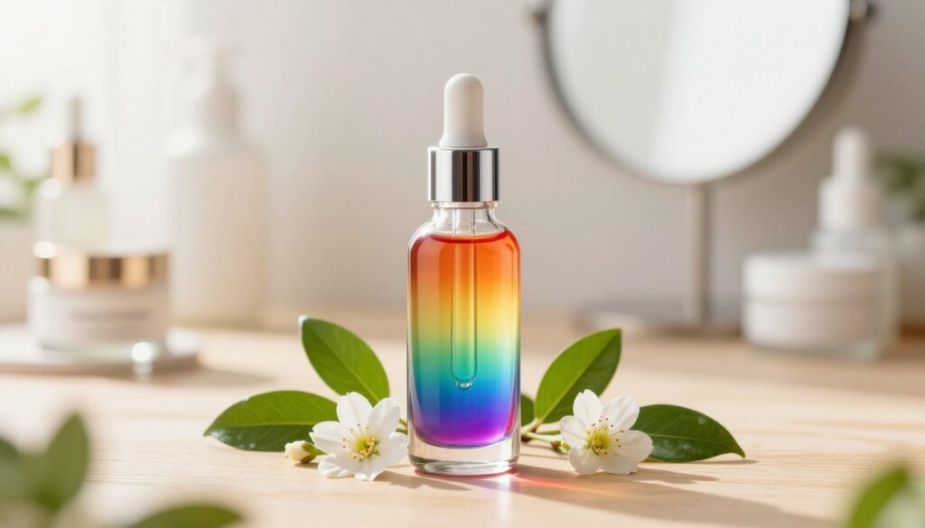 A visually striking image of a rainbow serum, with vibrant hues of red, orange, yellow, green, blue, and violet blending harmoniously. In the foreground, a sleek, transparent glass dropper bottle showcases the colorful serum, surrounded by fresh green leaves and delicate flowers that represent natural skincare ingredients. In the middle ground, a softly lit wooden surface adds warmth, enhancing the serene atmosphere. The background features a softly blurred skincare vanity with elegant jars and a gently lit mirror, creating a calming and inviting mood. The lighting is soft and diffused, reminiscent of a bright, sunny day, with a slight lens flare to convey a sense of vitality and freshness.