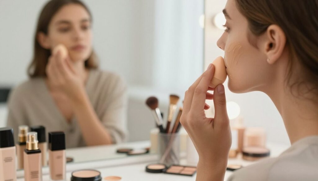A well-lit beauty scene focusing on a person in professional casual attire, applying foundation to their face to demonstrate the technique of "rolowanie podkładu." The foreground features a close-up of the person’s hands using a beauty sponge to softly blend the foundation into their skin, emphasizing the technique of avoiding rolling or streaking. In the middle, there's a mirror reflecting the subject’s focused expression, capturing the essence of a careful makeup application. The background is softly blurred, showcasing an array of makeup products on a vanity, including foundation tubes and brushes, with warm, natural lighting creating an inviting atmosphere. The overall mood is calm and focused, illustrating the importance of makeup application techniques. A well-lit beauty scene focusing on a person in professional casual attire, applying foundation to their face to demonstrate the technique of "rolowanie podkładu." The foreground features a close-up of the person’s hands using a beauty sponge to softly blend the foundation into their skin, emphasizing the technique of avoiding rolling or streaking. In the middle, there's a mirror reflecting the subject’s focused expression, capturing the essence of a careful makeup application. The background is softly blurred, showcasing an array of makeup products on a vanity, including foundation tubes and brushes, with warm, natural lighting creating an inviting atmosphere. The overall mood is calm and focused, illustrating the importance of makeup application techniques.