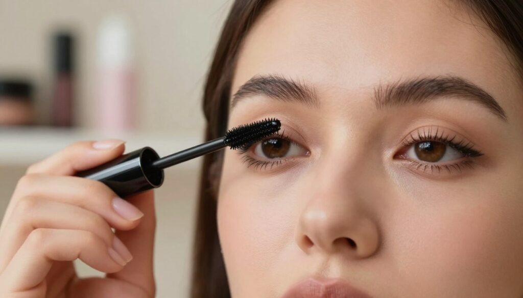 A well-lit close-up of a woman applying mascara to her eyelashes, showcasing the technique of achieving long, lifted, and curled lashes. The foreground features her hand holding a sleek mascara wand delicately applying a glossy black formula to her upper lashes, emphasizing the precision of the motion. In the middle, the woman's eyes are the focal point, displaying beautifully defined and separated lashes that create an open and bright look. The background is softly blurred, hinting at a chic vanity with beauty products, enhancing the personal and intimate atmosphere. The lighting is soft and warm, creating a flattering glow on her face, while still highlighting the intricate details of the eyelash application process. The overall mood is elegant and professional, suitable for a beauty-focused article.