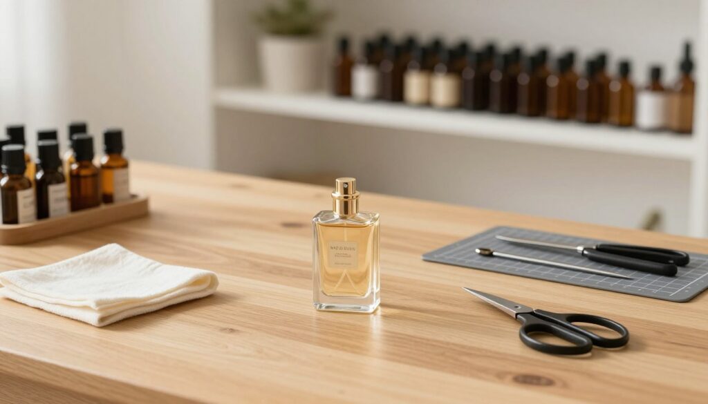 A well-organized workspace for safely opening a perfume bottle, featuring a pristine, uncluttered wooden table as the foreground surface. On the table, there is a delicate perfume bottle with a luxurious design, placed next to an array of tools such as a soft cloth, scissors, and a small cutting mat. In the middle background, gentle lighting illuminates the scene, casting soft shadows to create a calming atmosphere. To the back, a serene, blurred shelf filled with neatly arranged essential oil bottles creates depth without distraction. The overall mood is meticulous and focused, emphasizing safety and care. The scene is photographed from a slightly elevated angle, allowing a clear view of the workspace and tools, while keeping the ambiance warm and inviting.