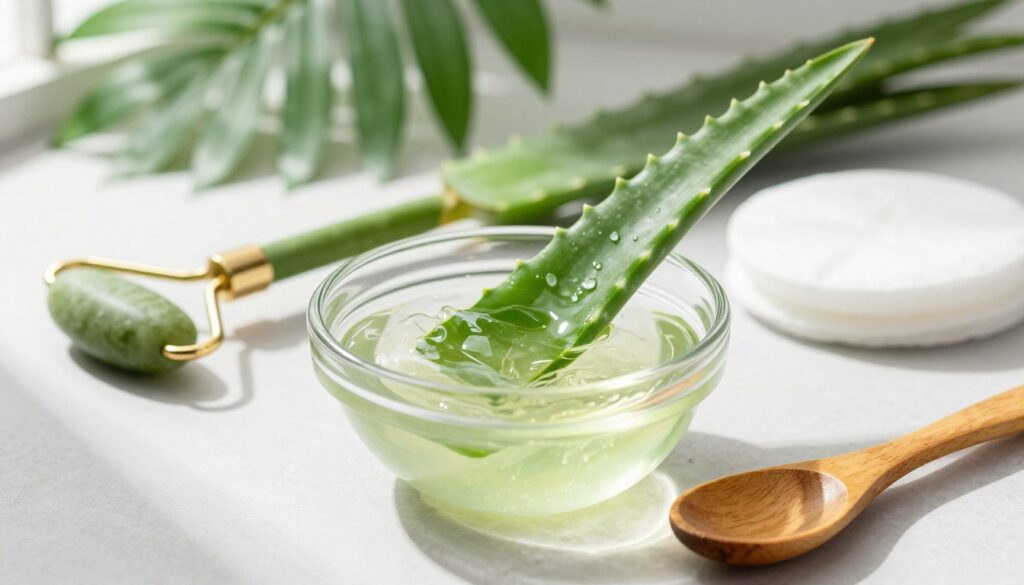 Aloe vera gel, freshly extracted from a vibrant green aloe leaf, glistens in a glass bowl, showcasing its translucent, viscous texture. In the foreground, a small wooden spoon rests beside the bowl, highlighting the natural and organic aspect of skincare. In the middle ground, the focus softens to reveal elegant spa tools such as a jade roller and cotton pads, enhancing the beauty regimen theme. The background features blurred tropical leaves, creating a calming, serene atmosphere. Natural daylight streams in from a nearby window, casting gentle shadows and enhancing the colors, evoking a fresh, rejuvenating mood. The composition emphasizes the soothing, hydrating qualities of aloe for skincare, particularly for smoothing fine lines and moisturizing the skin. Aloe vera gel, freshly extracted from a vibrant green aloe leaf, glistens in a glass bowl, showcasing its translucent, viscous texture. In the foreground, a small wooden spoon rests beside the bowl, highlighting the natural and organic aspect of skincare. In the middle ground, the focus softens to reveal elegant spa tools such as a jade roller and cotton pads, enhancing the beauty regimen theme. The background features blurred tropical leaves, creating a calming, serene atmosphere. Natural daylight streams in from a nearby window, casting gentle shadows and enhancing the colors, evoking a fresh, rejuvenating mood. The composition emphasizes the soothing, hydrating qualities of aloe for skincare, particularly for smoothing fine lines and moisturizing the skin.