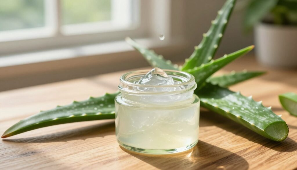 Aloe vera gel in a small glass jar sits prominently in the foreground, showcasing its smooth, translucent texture. Surrounding the jar are fresh aloe vera leaves, their vibrant green contrasting beautifully with the gel. In the middle, a wooden table creates a warm atmosphere, enhancing the natural, homey feel. The background features soft, blurred greenery, suggesting a serene indoor gardening space. Natural sunlight streams in from a nearby window, casting gentle, warm shadows that evoke a sense of tranquility. The overall mood is fresh, inviting, and soothing, perfect for illustrating the calming benefits of aloe vera for skin care. The focus is sharp on the gel and jar, inviting viewers to feel the texture visually. Aloe vera gel in a small glass jar sits prominently in the foreground, showcasing its smooth, translucent texture. Surrounding the jar are fresh aloe vera leaves, their vibrant green contrasting beautifully with the gel. In the middle, a wooden table creates a warm atmosphere, enhancing the natural, homey feel. The background features soft, blurred greenery, suggesting a serene indoor gardening space. Natural sunlight streams in from a nearby window, casting gentle, warm shadows that evoke a sense of tranquility. The overall mood is fresh, inviting, and soothing, perfect for illustrating the calming benefits of aloe vera for skin care. The focus is sharp on the gel and jar, inviting viewers to feel the texture visually.