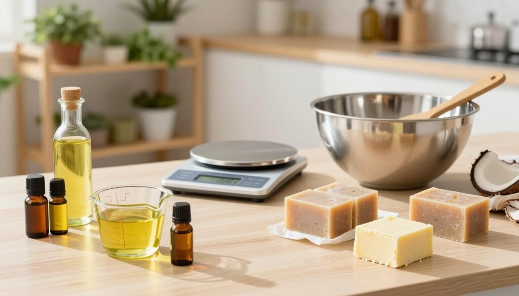 An organized workspace for making natural soap at home, featuring essential ingredients and equipment laid out neatly. In the foreground, display measuring cups filled with olive oil, coconut oil, and shea butter, alongside vibrant essential oils in small bottles. In the middle, show a digital kitchen scale and a sleek stainless steel mixing bowl, with a wooden spoon resting on the edge. The background should have a soft-focus appearance of a bright, sunny kitchen with wooden shelves filled with natural herbs and jars, creating a warm, inviting atmosphere. Use natural lighting to enhance the scene, casting gentle shadows and highlighting the textures of the oils and materials. The mood should be calming and creative, inspiring the viewer to start their soap-making journey.