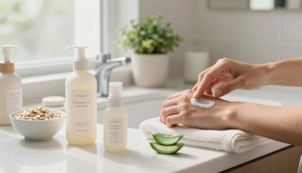 In a serene bathroom setting, showcase a neatly arranged countertop filled with skincare products aimed at soothing itchy skin. In the foreground, display a gentle, moisturizing lotion beside a hydrating emollient, both elegantly labeled. A small bowl of natural ingredients like oatmeal and aloe vera can also be included, illustrating a homemade remedy. In the middle, incorporate a pair of hands applying the lotion onto a forearm, with a soft towel draped nearby. The background should feature calming elements like potted plants and soft, diffused sunlight filtering through a frosted window, creating a tranquil atmosphere. The overall mood should convey comfort and care, emphasizing daily skincare routines to combat dryness and irritation.